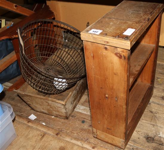 2 small pine shelves, box & metal basket